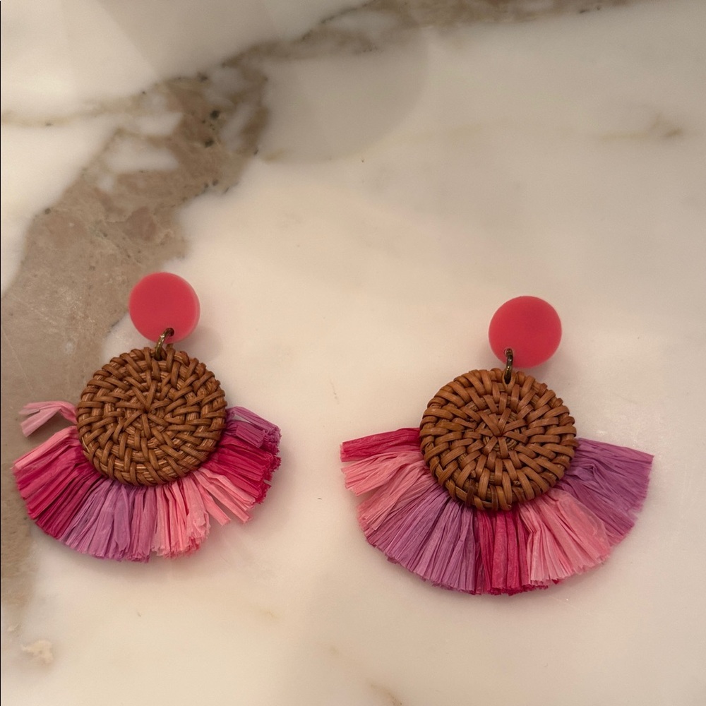 Pink and Purple Woven rattan Earrings with pink acrylic post